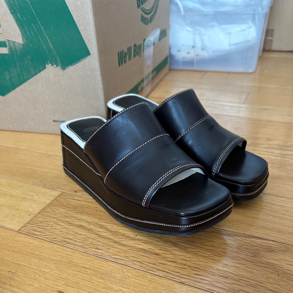 Vintage dark brown Coach wedge platform sandals, sz 8